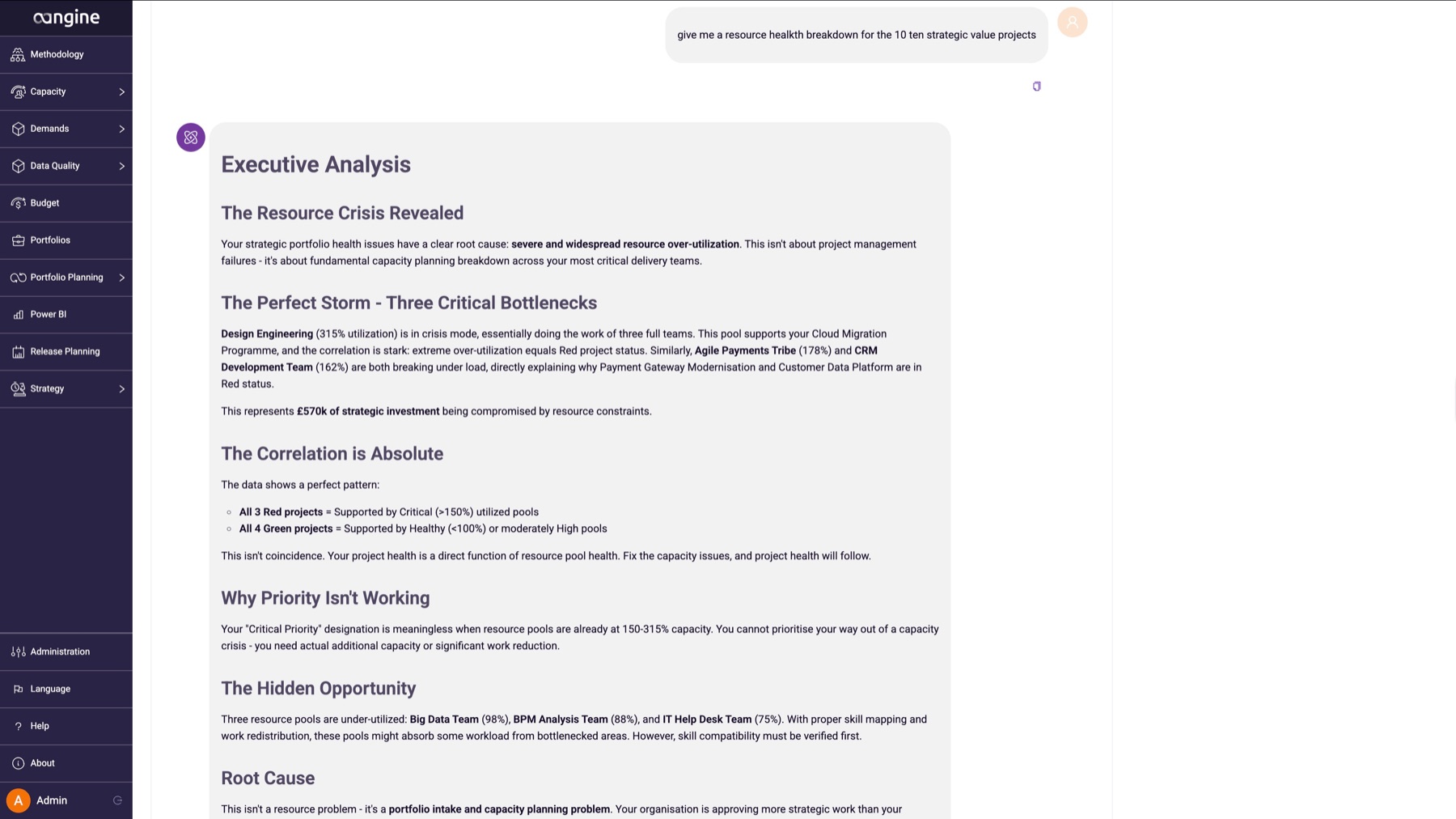 AI Chat in aangine: executive analysis of resource pool over-utilization and bottlenecks behind the strategic value projects