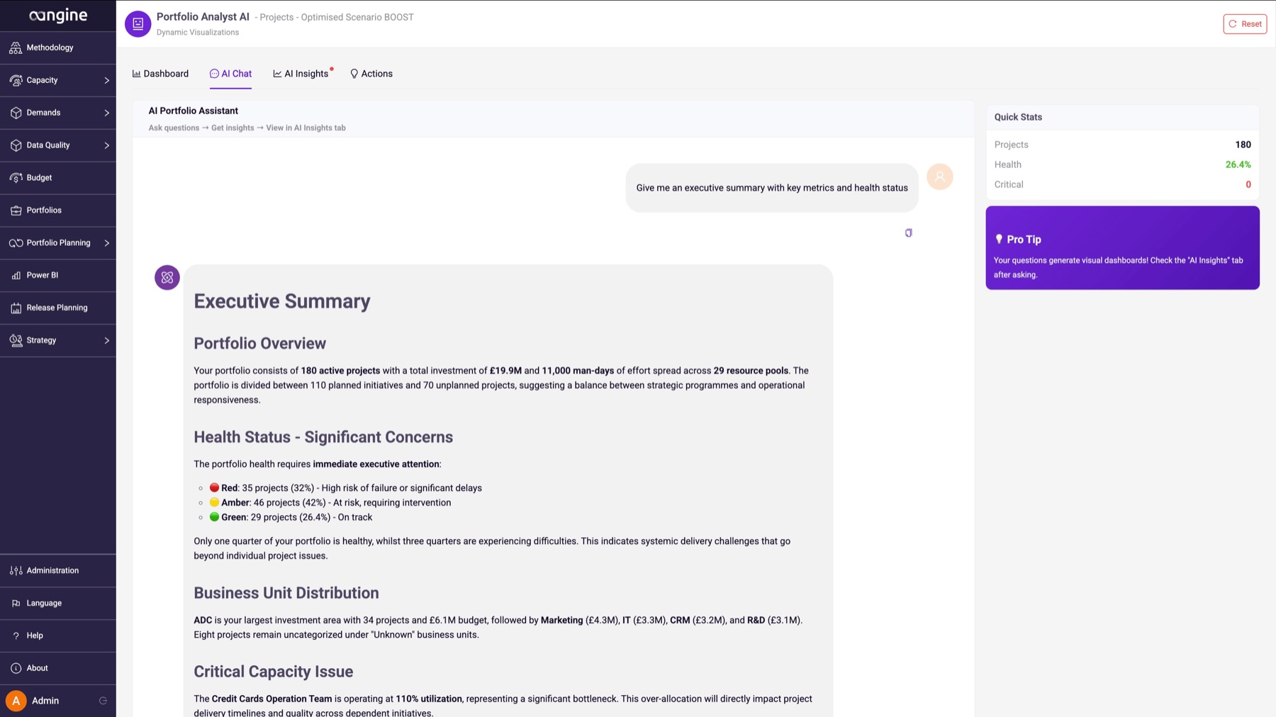 AI Chat in aangine: a plain-language request for an executive summary answered with portfolio overview, health status and business unit distribution