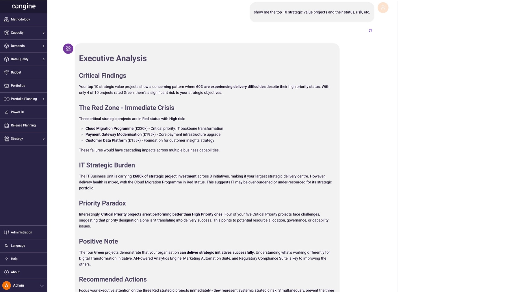 AI Chat in aangine: executive analysis of the top 10 strategic value projects with critical findings and recommended actions