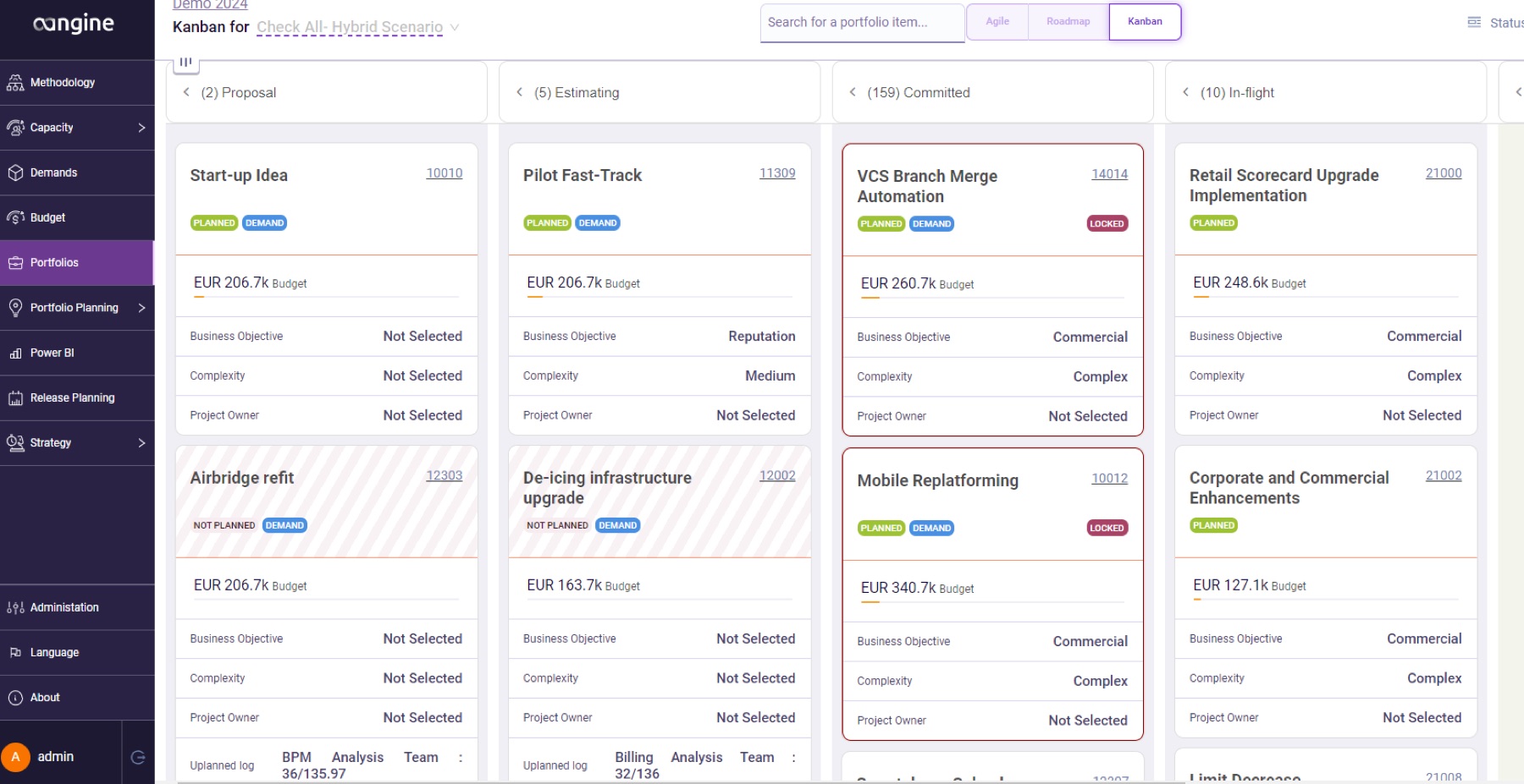 aangine Kanban lens: portfolio items grouped by stage from proposal to in-flight, each with budget, business objective and complexity